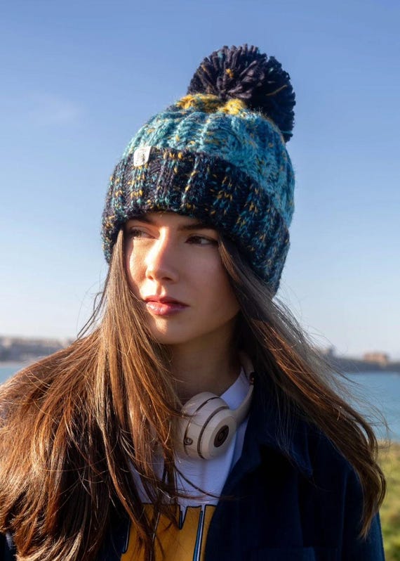 Explorer Cable Knit Pom Beanie: Blue & Yellow Woolly Winter Hat - Etsy