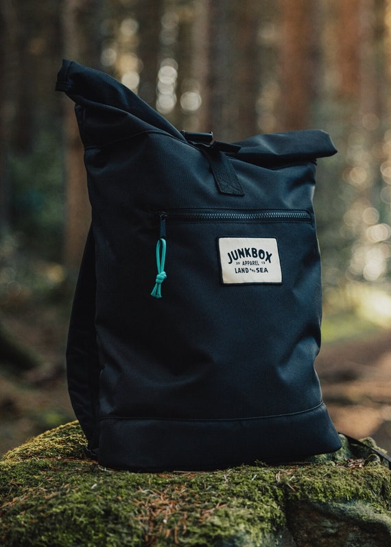 The Adventurer Recycled Roll-Top Backpack in Black ~ college bag, school bag, rucksack, travel bag, mens bag, ladies bag, cabin bag