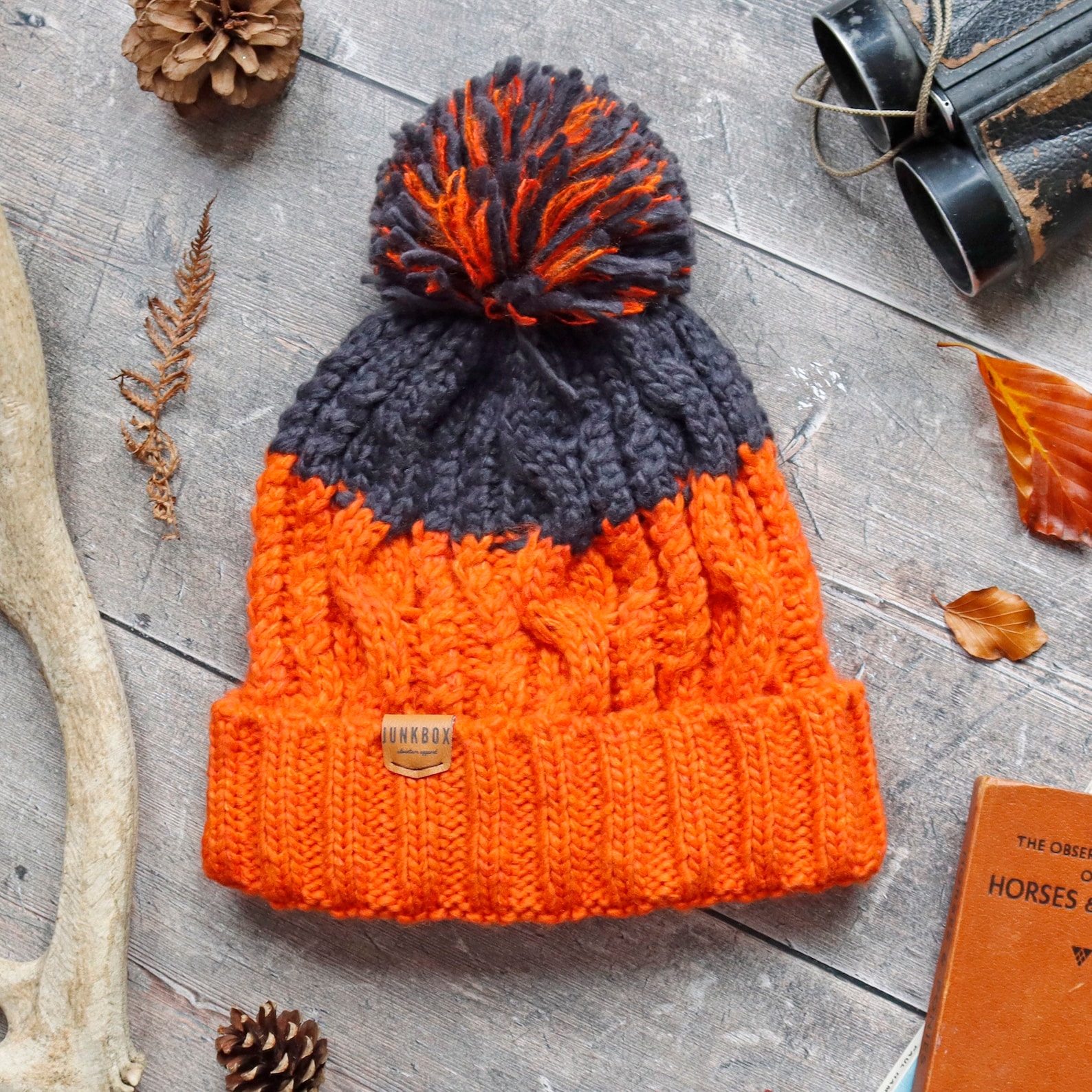 Adventurer Pom Bobble Hat in Orange & Grey Woolly Hat Etsy