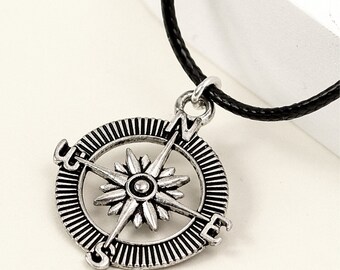 Compass Black Cord Necklace ~ boho jewellery, charm necklace, leather necklace, mens jewelry