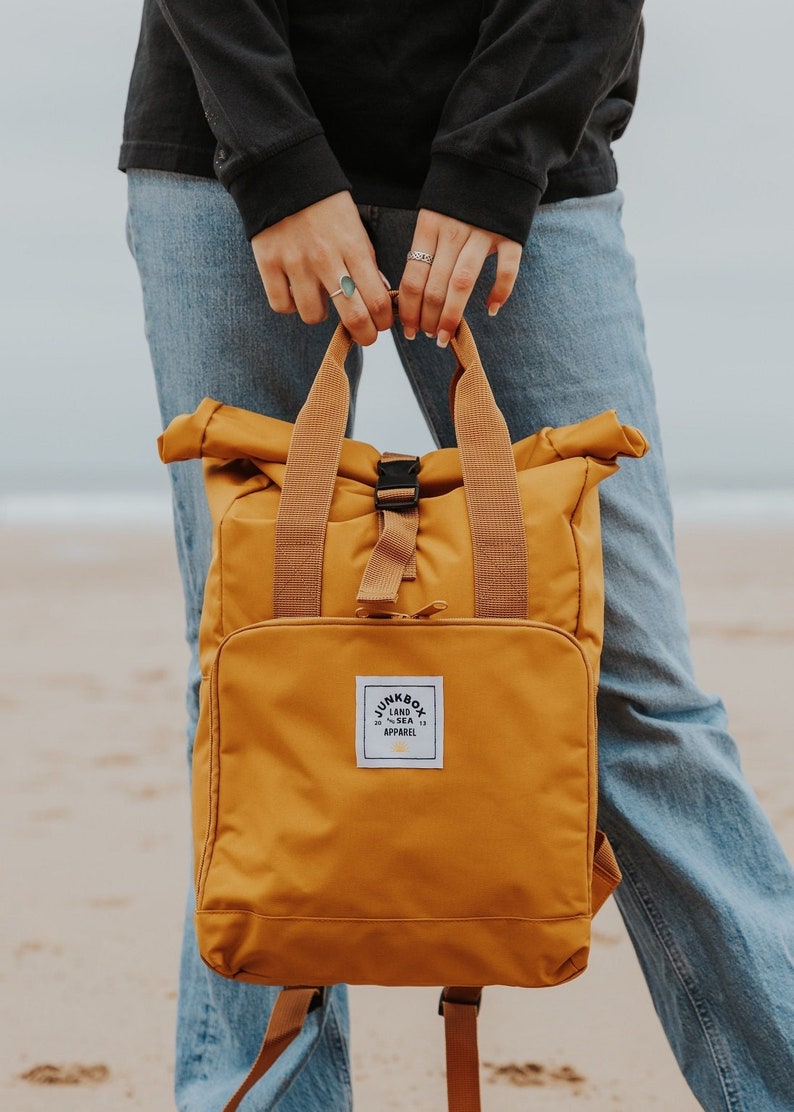 The Everyday Recycled Roll-Top Backpack in Mustard college bag, school bag, backpack, travel bag, mens bag, ladies bag, cabin bag image 1