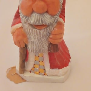 Lovely Santa Claus carving with checkered robe, bag and cane wood carving figure