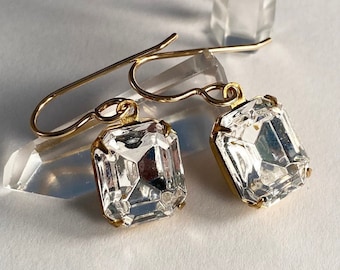 Gold Art Deco earrings. Rare vintage Swarovski. Faceted clear crystal. Bridal. Hollywood glamour. Vintage style. April Birthday.