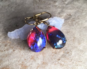 Dragons Breath tear drop vintage brass dangles. Mexican fire opal vintage tear drop earrings. Vibrant fire opal statement earrings.