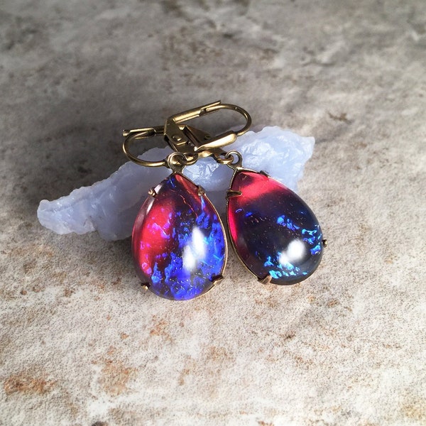 Dragons Breath tear drop vintage brass dangles. Mexican fire opal vintage tear drop earrings. Vibrant fire opal statement earrings.