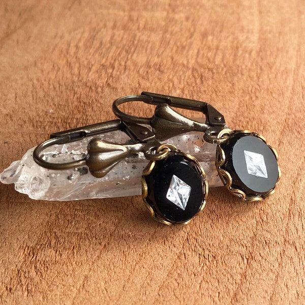 Art Deco rare vintage Czech black glass earrings. Victorian style. Rare vintage crystal earrings. Hollywood glamour. Romantic gifts. Unique.