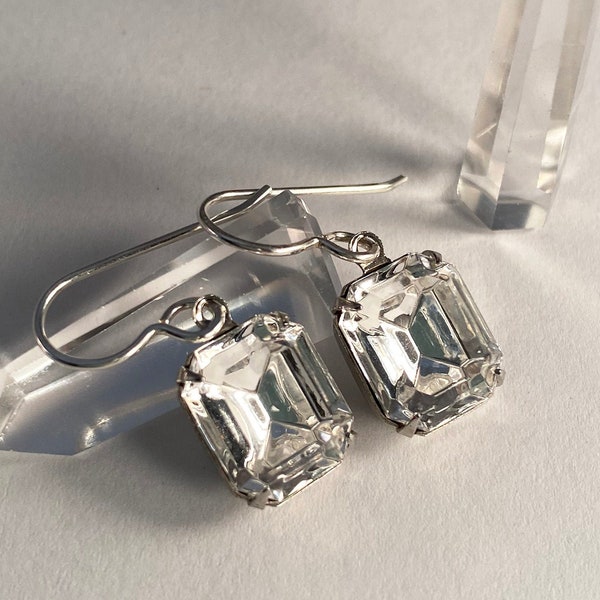 Silver Art Deco earrings. Rare vintage Swarovski. Faceted clear crystal. Bridal earrings. Hollywood glamour. Vintage style. April Birthday.