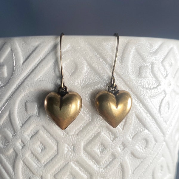 Puffed heart earrings. Vintage brass heart earrings. Perfect heart earrings. Love earrings. Romantic earrings. Puffed heart dangle earrings.