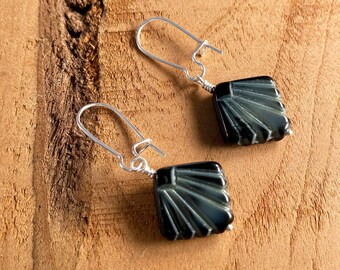 Art Deco Vintage Czech black and grey marbled glass earrings.