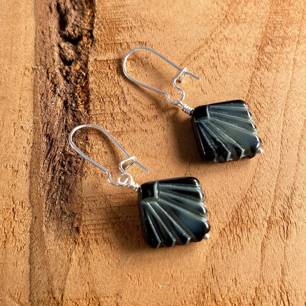 Art Deco earrings. Silver or gold  vintage style fan earrings. Art Deco black and grey earrings. Vintage Czech black and grey marbled glass.