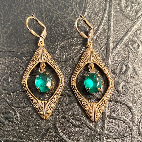 Art Deco vintage brass and Swarovski emerald green earrings. Art Nouveau vintage chandelier unique hoop earrings. Sapphire blue earrings.