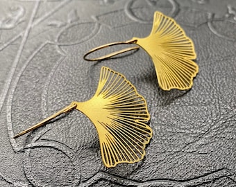 Golden Brass Art Deco earrings. Ginkgo leaf earrings. Unique earrings. Laser cut Brass leaf dangles. Unique Gifts.