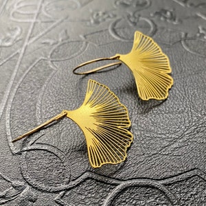 Golden Brass Art Deco earrings. Ginkgo leaf earrings. Unique earrings. Laser cut Brass leaf dangles. Unique Gifts.