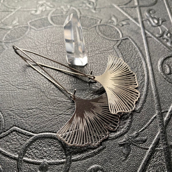 Stainless Steel Art Deco earrings. Ginkgo leaf earrings. Unique earrings. Hypo-allergenic. Laser cut Steel leaf dangles. Unique gifts.