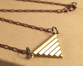 Ribbed golden brass triangle necklace. Golden brass boho necklace. Handmade lined brass triangle tri color necklace. Layering necklace.