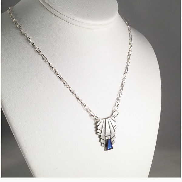 Silver Art Deco and Swarovski rare crystal necklace. 1920's style necklace. Bridal bridesmaid gift. Vintage silver and blue crystal necklace