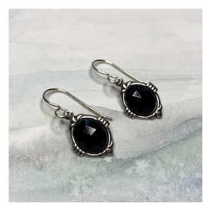 Art Deco vintage faceted glass black earrings. Choice of Art Deco gold or Silver. Black glass earrings. Chic. Petite. Affordable gifts.