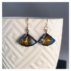 Gold Art Deco. Silver vintage earrings. Art Deco vintage statement earrings. Rare 1940s sapphire and topaz givre glass earrings. Unique.