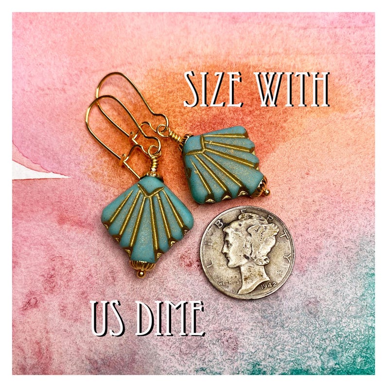 May include: Gold earrings with turquoise blue fan-shaped glass beads. The earrings are shown next to a US dime for size comparison. "Size with US Dime" is written in the image.