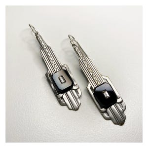 Vintage Silver Art Deco earrings. Statement earrings. Rare vintage Black and rhinestone glass. Vintage jewelry. Vintage Bridal earrings.
