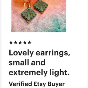 Gold Art Deco earrings. Czech matte turquoise glass fan dangles. Turquoise blue and gold earrings. Geometric. Chic gift. Vintage bridal. image 9