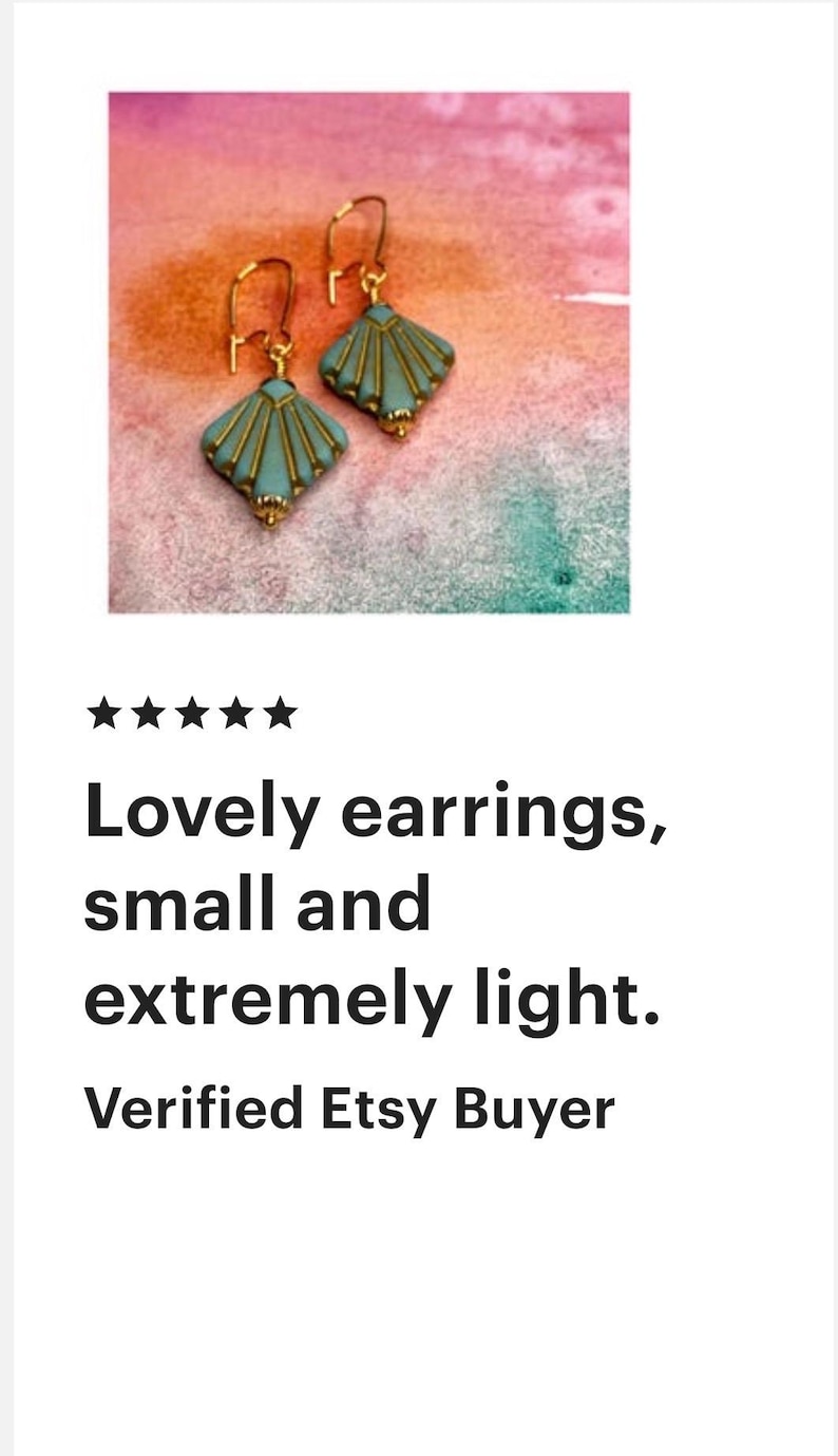 Gold Art Deco earrings. Czech matte turquoise glass fan dangles. Turquoise blue and gold earrings. Geometric. Chic gift. Vintage bridal. image 9