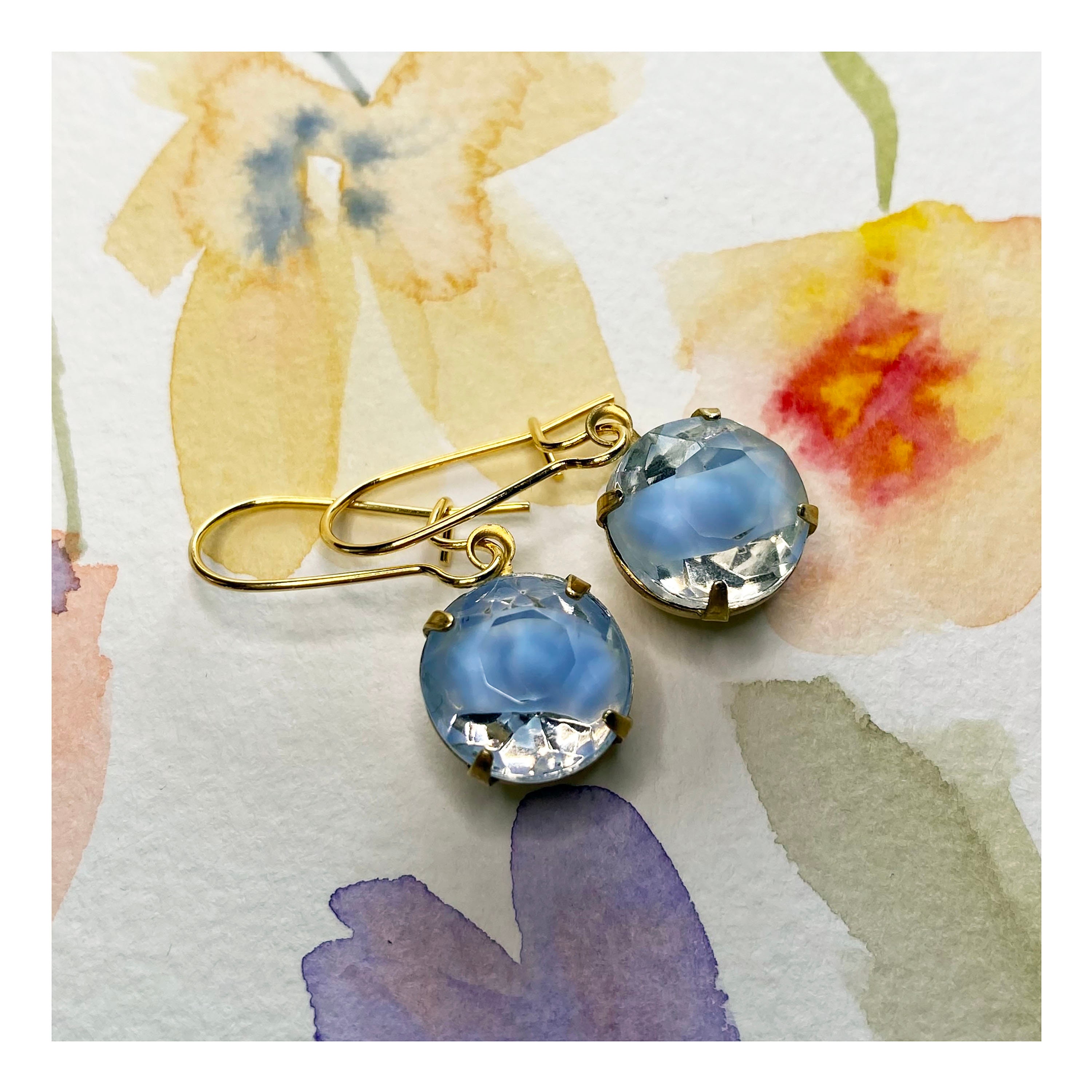 Rare 1950s Blue and Clear Givre Glass Earrings. Golden Brass Art 