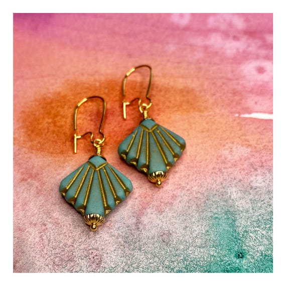 Gold Art Deco earrings. Czech matte turquoise glass fan dangles. Turquoise blue and gold earrings. Geometric. Chic gift. Vintage bridal.