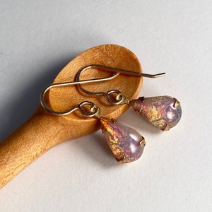 Gold Vintage 1950s German glass opal earrings. Vintage harlequin fire opal earrings. October birthstone gift. Unique gifts. Vintage Bridal.
