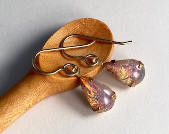 Vintage 1950s German glass harlequin fire opal earrings. October birthday gift. Unique gifts. Bridal.