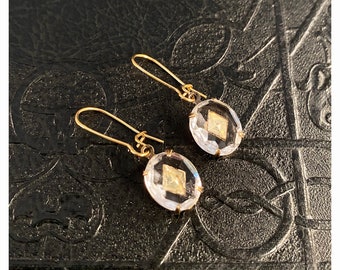 Art Deco rare vintage earrings. Vintage Art Deco statement earrings.Clear oval crystal marquise inset vintage earrings. April Birthday gift.
