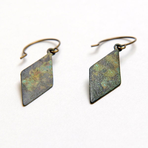 Verdigris blue green patina brass diamond shaped earrings. Verdigris brass rhombus earrings. Geometric earrings. Gifts for her.