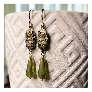 Antique Gold Art Nouveau style. Green Picasso teardrop earrings. Czech glass. Romantic floral. Gifts for her. Unique style. Vintage Bridal