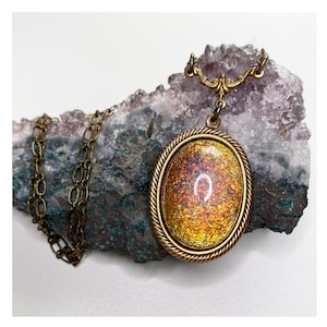 Vintage gold Art Deco necklace. RARE fire opal necklace. Vintage 1950s glass. Mid-century. Statement necklace. Unique gifts. Vintage bridal.