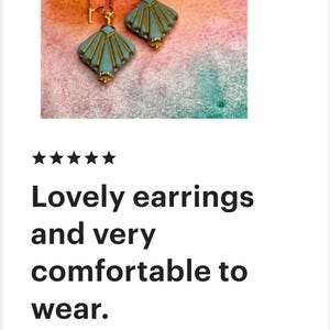 Gold Art Deco earrings. Czech matte turquoise glass fan dangles. Turquoise blue and gold earrings. Geometric. Chic gift. Vintage bridal. image 8