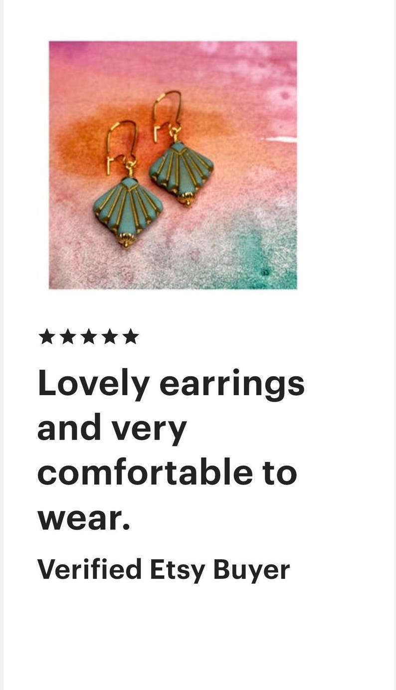 Gold Art Deco earrings. Czech matte turquoise glass fan dangles. Turquoise blue and gold earrings. Geometric. Chic gift. Vintage bridal. image 8