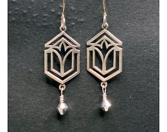 Art Deco silver earrings. Antique silver window pane dangle. Mission Style. Stained glass. Architect gift. Unique. Bridal. Gifts for her.