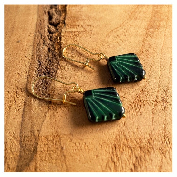 Gold or Silver Art Deco Earrings. Vintage Czech Malachite Glass Fan Dangles. Green and Black Earrings. Geometric. Chic Gift. Vintage Bridal Etsy