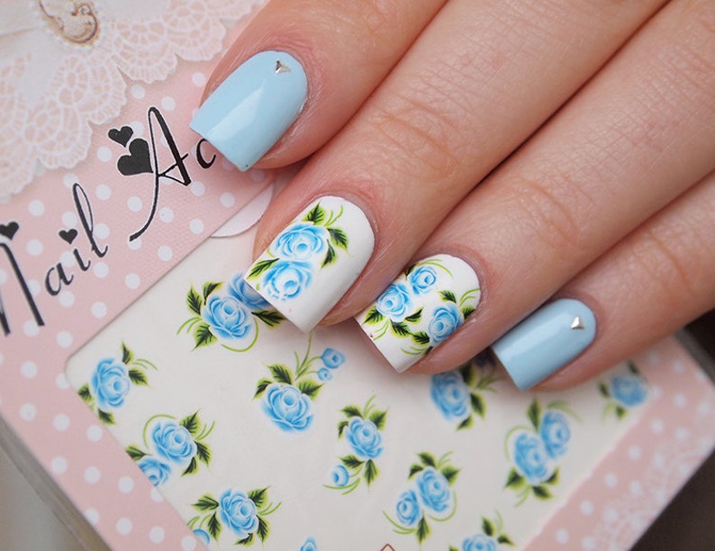 Light blue roses nail water decals/ Nail art stickers/ Nail image 1
