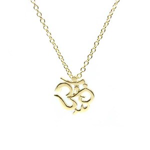 May include: A gold necklace with a delicate Om symbol pendant. The pendant is a stylized representation of the Sanskrit word Om, a sacred sound in Hinduism and Buddhism.