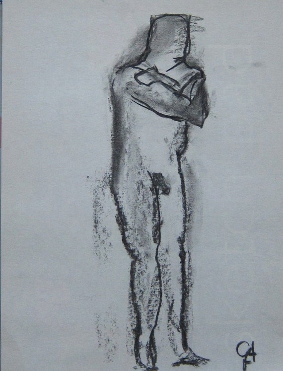 Dessin Nu Au Fusain Figure Masculine 8 X 12 Croquis Rapide Blanc Noir