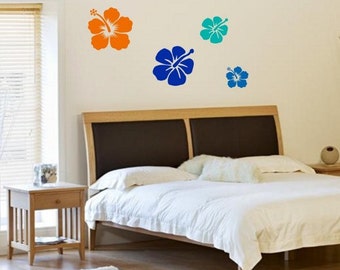 Set of 4 Hibiscus Flowers Decal Sticker Vinyl Wall Art Graphic Hawaii Hawaiian