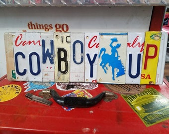 Vintage Cowboy up rodeo texas cowgirl handmade license plate wall art, one of a kind original quote