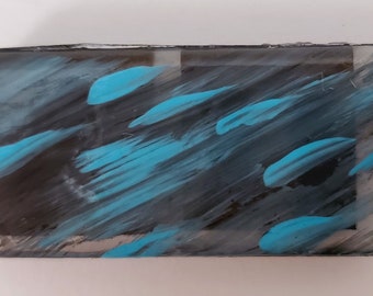 Abstract Art Handpainted Smoky Glass Tile Magnet Turquoise Blue Unique Design