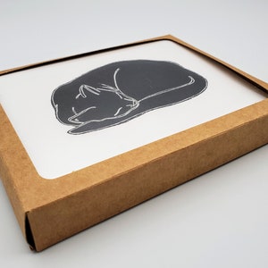 May include: A brown cardboard box with a white card inside. The card features a black and white line drawing of a cat curled up asleep.