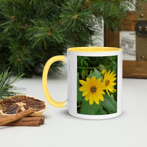 Sunchoke Flowers with Bee Ceramic Coffee Mug Color Inside