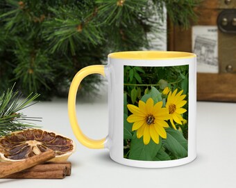 Sunchoke Flowers with Bee Ceramic Coffee Mug Color Inside