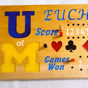 U of M Euchre Score and Stow Board. For that  U of M fan, a fun way to keep score in Euchre