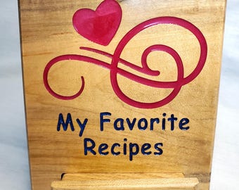 Recipe Stand , Holder for Book Tablet or Phone. Colorful Swirls and Brilliant Red Heart design. Kitchen Decor  Super Cute Countertop Display