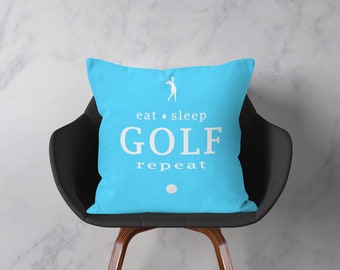 Golfing Pillow or Pillow Cover - Eat Sleep Golf Repeat, Robin Egg Blue, Golf Club Decor, Golf Gifts, Gifts for Golfers, Golf Fun